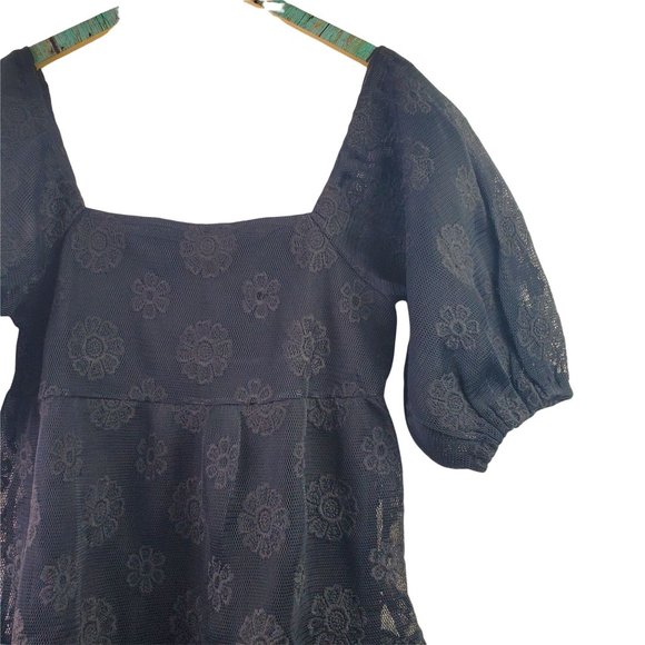 ASOS Embroidered Black Flower Mesh Lined Babydoll Short Puff Sleeve Dress, Sz 4 - Picture 3 of 9